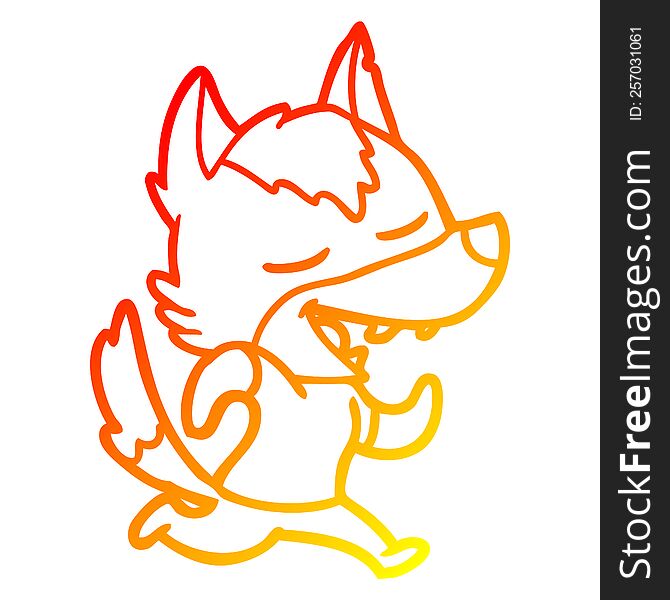 warm gradient line drawing of a cartoon running wolf laughing
