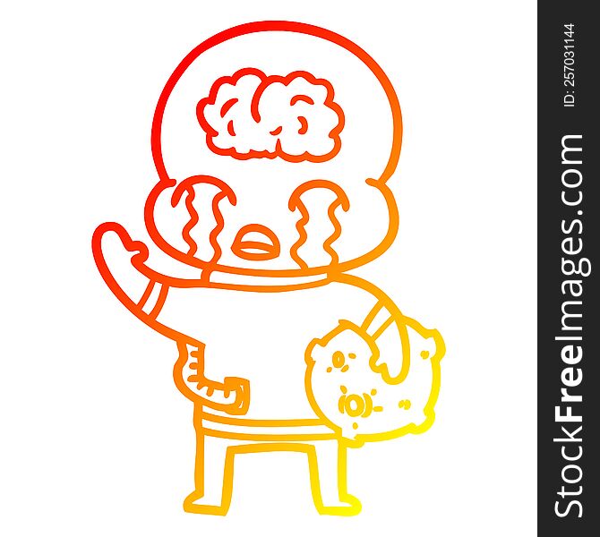 warm gradient line drawing of a cartoon big brain alien crying and waving goodbye