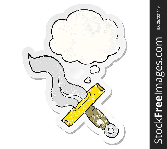 Cartoon Dagger And Thought Bubble As A Distressed Worn Sticker