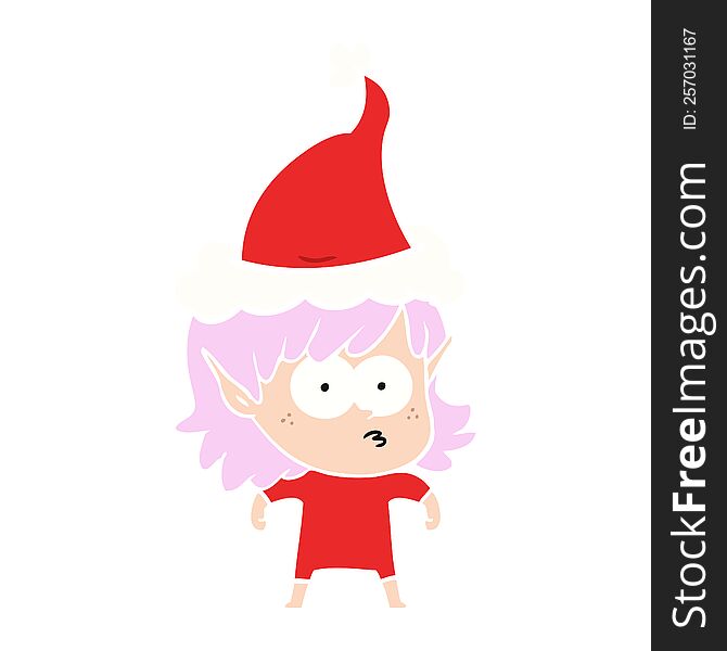 hand drawn flat color illustration of a elf girl staring wearing santa hat