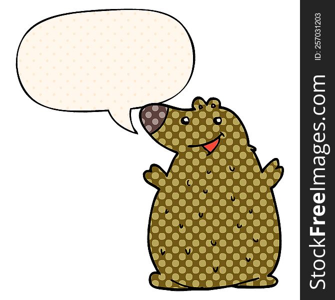 cartoon happy bear with speech bubble in comic book style