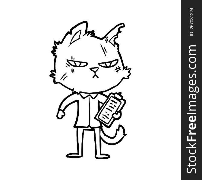 tough cartoon cat with clipboard. tough cartoon cat with clipboard
