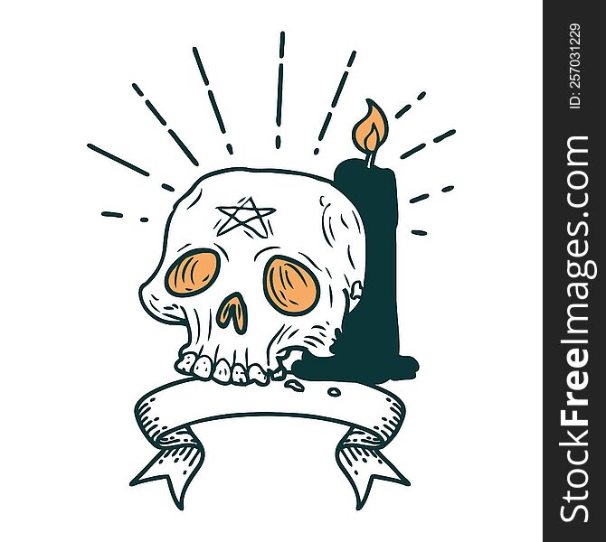 Banner With Tattoo Style Spooky Skull And Candle