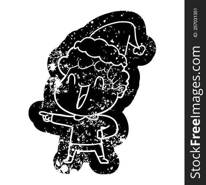 quirky cartoon distressed icon of a happy man wearing santa hat