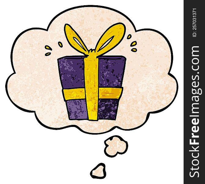 cartoon wrapped gift and thought bubble in grunge texture pattern style