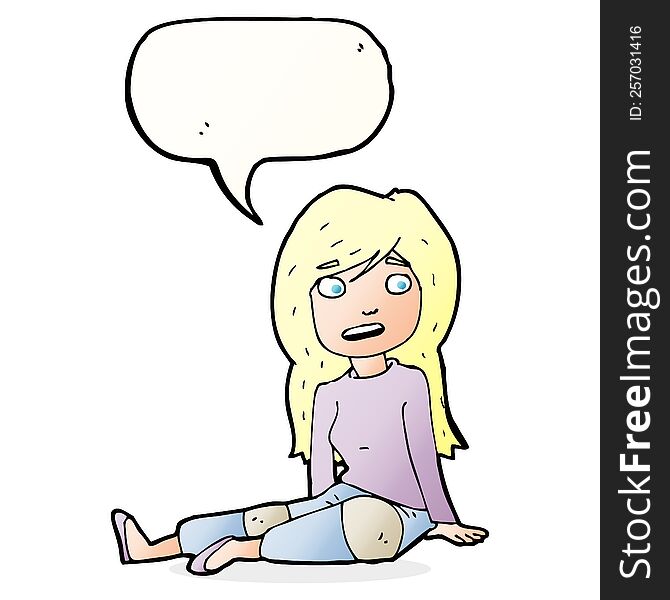 cartoon girl sitting on floor with speech bubble