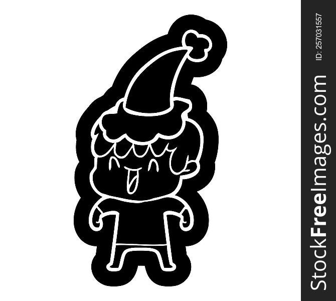 quirky cartoon icon of a laughing boy wearing santa hat