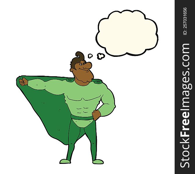 funny cartoon superhero with thought bubble