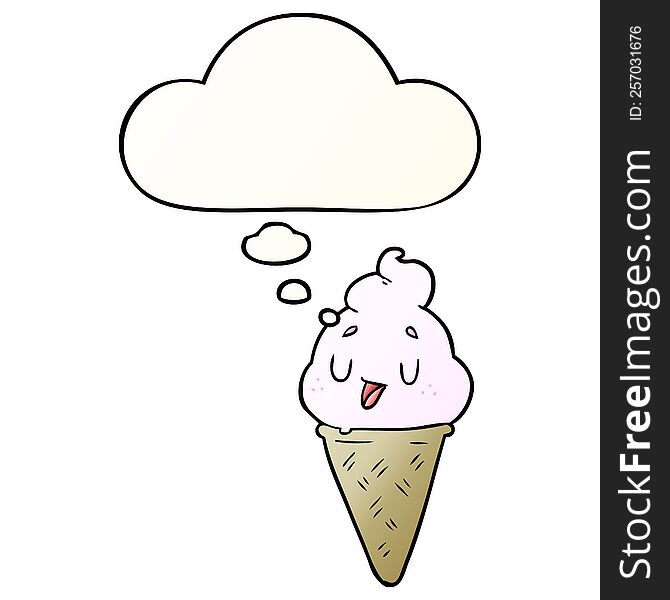 Cute Cartoon Ice Cream And Thought Bubble In Smooth Gradient Style