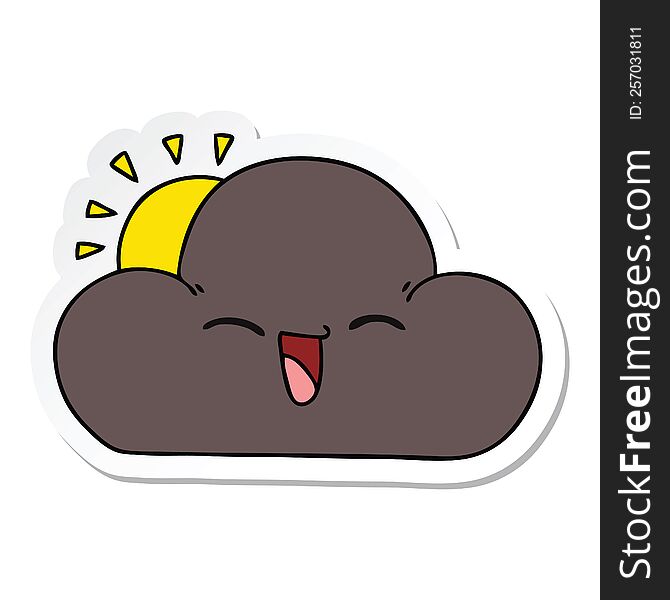 sticker of a quirky hand drawn cartoon sun and happy storm cloud