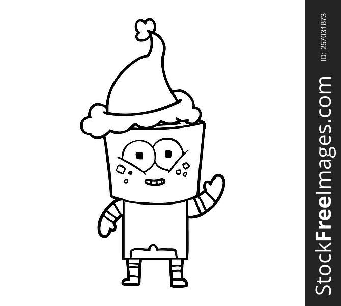 Happy Line Drawing Of A Robot Waving Hello Wearing Santa Hat