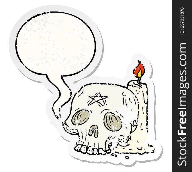 cartoon spooky skull and candle with speech bubble distressed distressed old sticker. cartoon spooky skull and candle with speech bubble distressed distressed old sticker