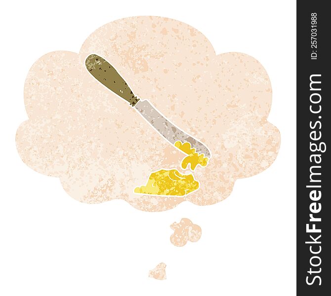 Cartoon Knife Spreading Butter And Thought Bubble In Retro Textured Style