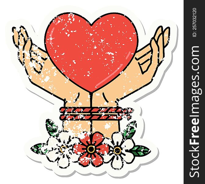 distressed sticker tattoo in traditional style of tied hands and a heart. distressed sticker tattoo in traditional style of tied hands and a heart