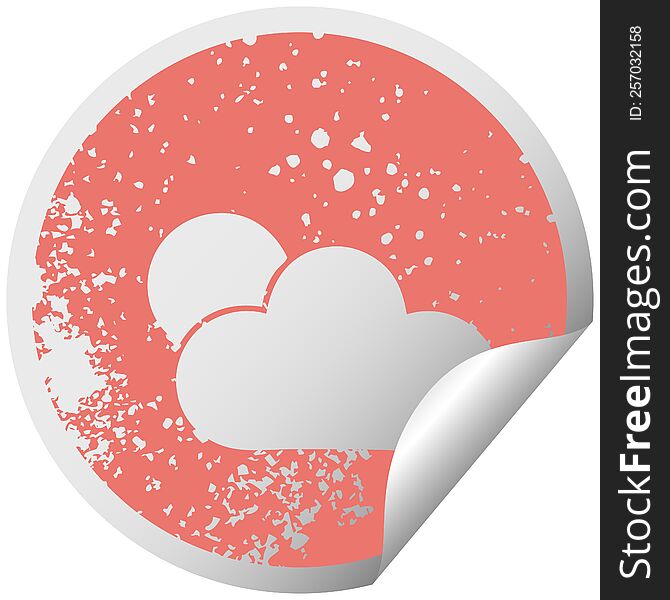 distressed circular peeling sticker symbol of a sunshine and cloud