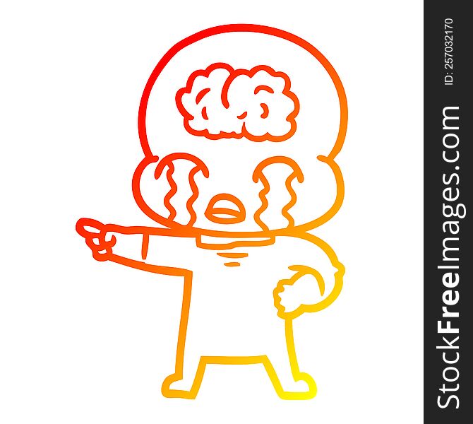 Warm Gradient Line Drawing Cartoon Big Brain Alien Crying And Pointing