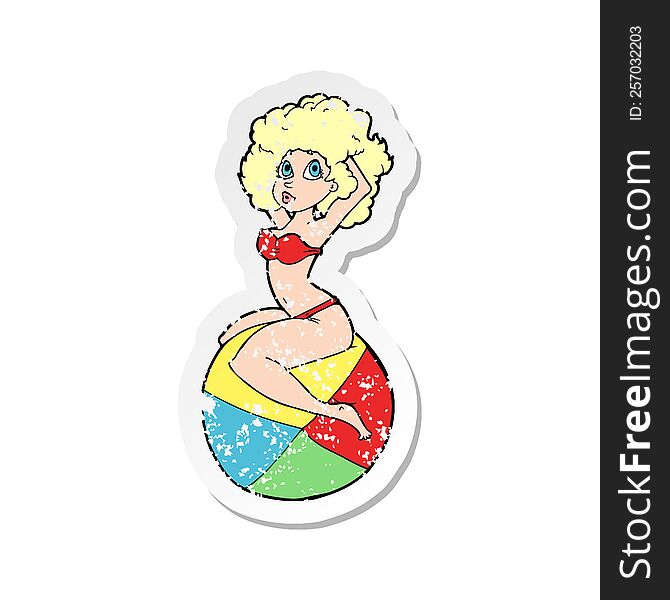 Retro Distressed Sticker Of A Cartoon Pin Up Girl Sitting On Ball