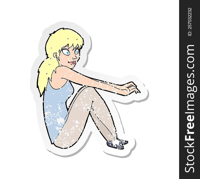 Retro Distressed Sticker Of A Cartoon Happy Woman Sitting
