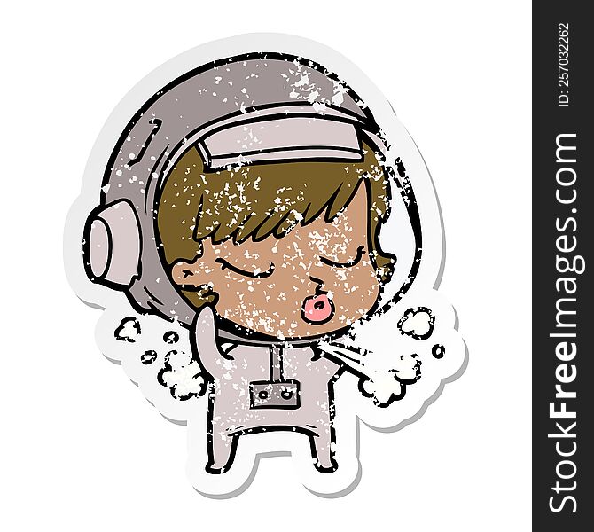 Distressed Sticker Of A Cartoon Pretty Astronaut Girl Taking Off Space Helmet