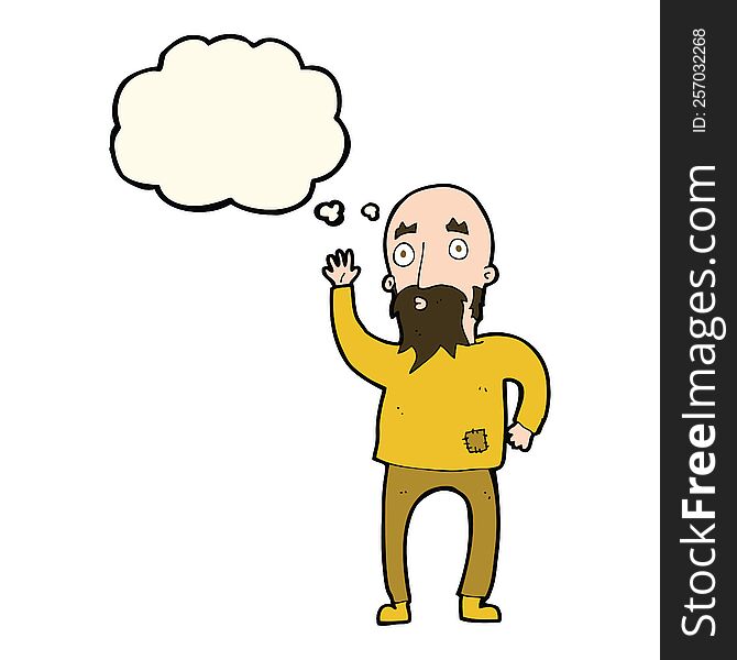 Cartoon Bearded Man Waving With Thought Bubble