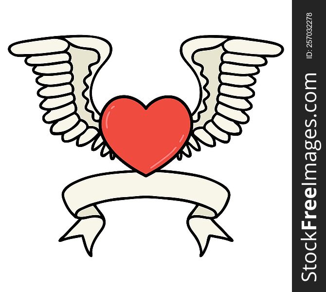 traditional tattoo with banner of a heart with wings