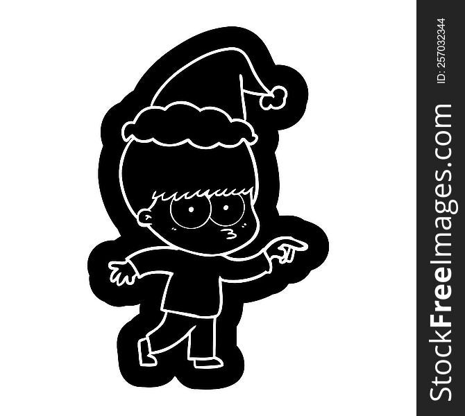 nervous quirky cartoon icon of a boy wearing santa hat