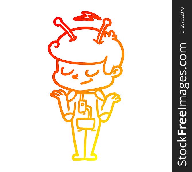 warm gradient line drawing of a friendly cartoon spaceman shrugging