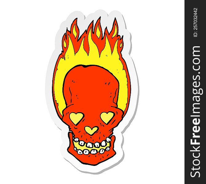 sticker of a cartoon flaming skull with love heart eyes