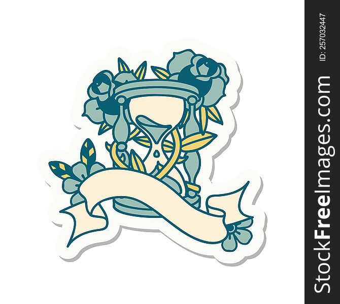 Tattoo Sticker With Banner Of An Hour Glass And Flowers