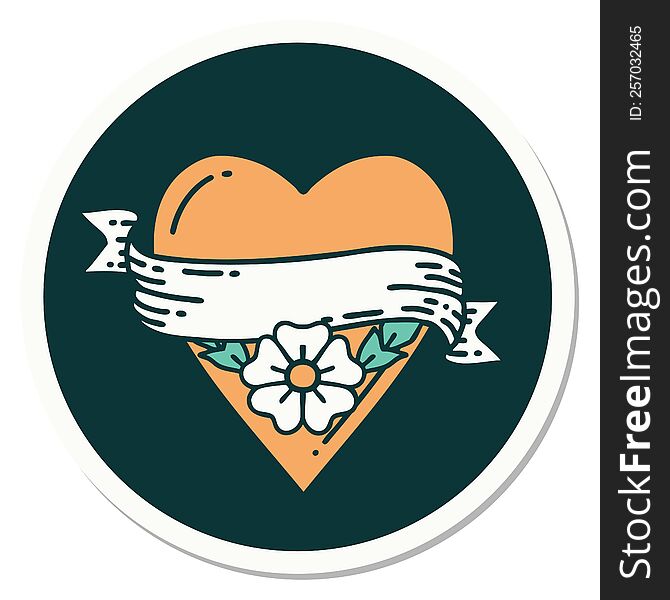 Tattoo Style Sticker Of A Heart Flower And Banner
