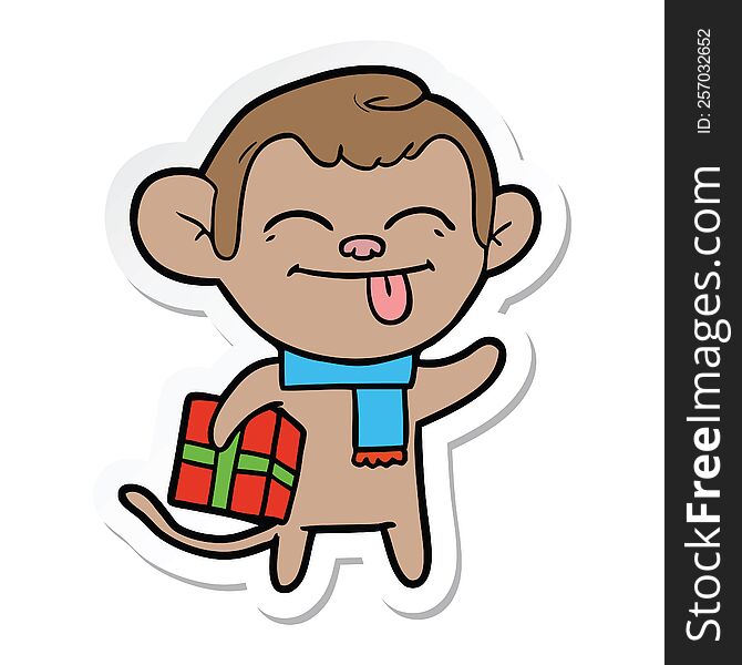 Sticker Of A Funny Cartoon Monkey With Christmas Present