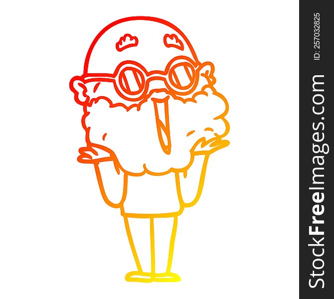 warm gradient line drawing of a cartoon joyful man with beard shrugging