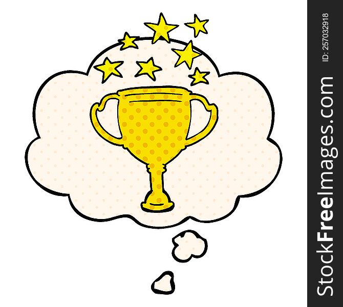 cartoon sports trophy with thought bubble in comic book style