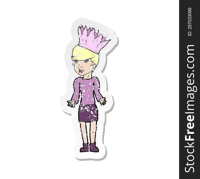 retro distressed sticker of a cartoon woman wearing paper crown