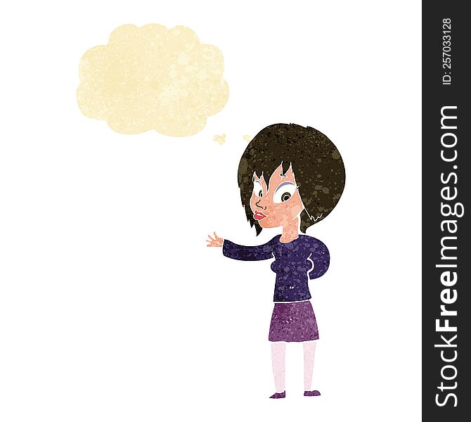 cartoon woman making welcome gesture with thought bubble