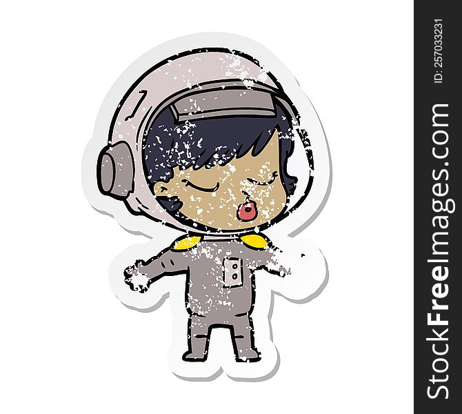 distressed sticker of a cartoon pretty astronaut girl