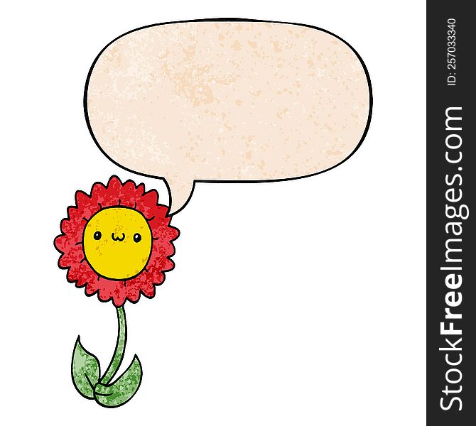 cartoon flower with speech bubble in retro texture style