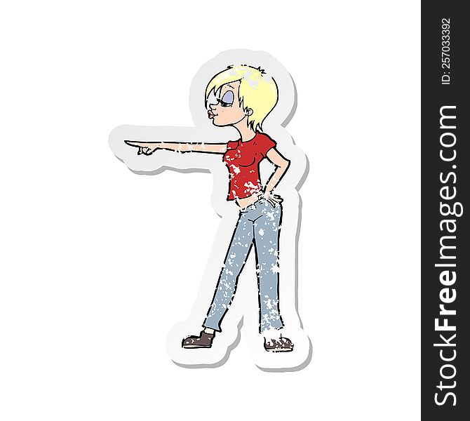 retro distressed sticker of a cartoon hip woman pointing