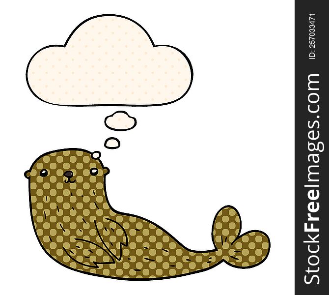cartoon seal with thought bubble in comic book style