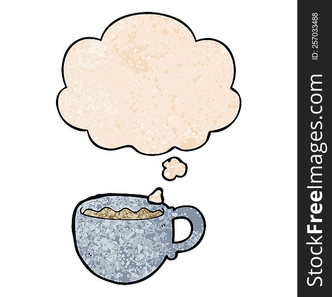 Cartoon Coffee Cup And Thought Bubble In Grunge Texture Pattern Style