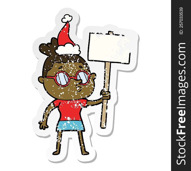 Distressed Sticker Cartoon Of A Woman Wearing Glasses Wearing Santa Hat