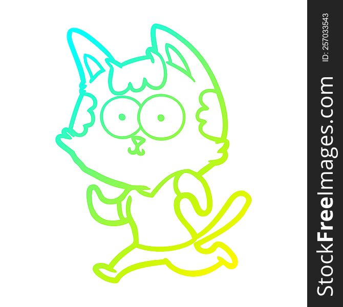 cold gradient line drawing of a happy cartoon cat jogging