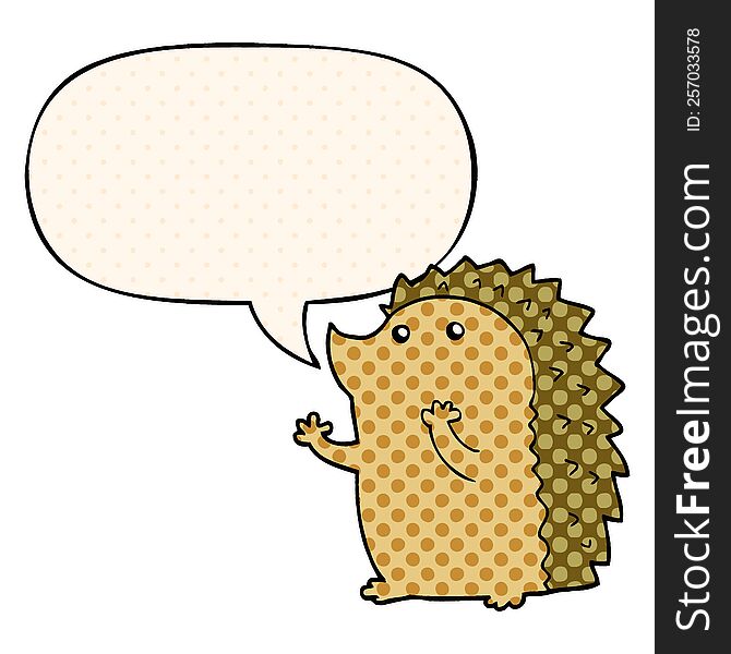 cartoon hedgehog with speech bubble in comic book style