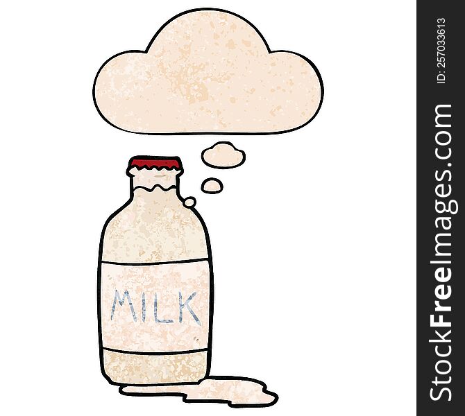 cartoon milk bottle with thought bubble in grunge texture style. cartoon milk bottle with thought bubble in grunge texture style