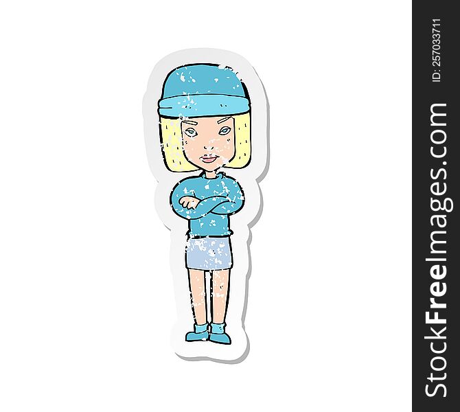 Retro Distressed Sticker Of A Cartoon Woman Wearing Winter Hat