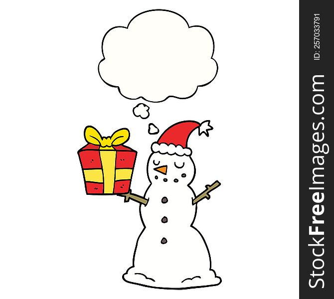 cartoon snowman with present with thought bubble