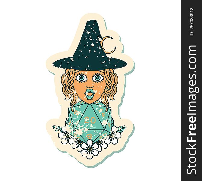 Human Witch With Natural Twenty Dice Roll Grunge Sticker