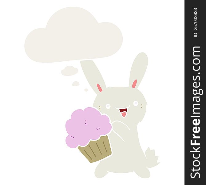cute cartoon rabbit with muffin with thought bubble in retro style