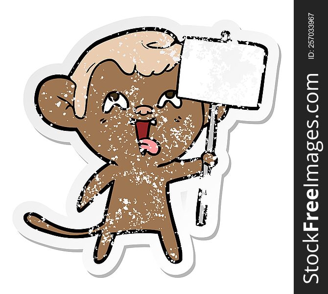 Distressed Sticker Of A Crazy Cartoon Monkey With Sign