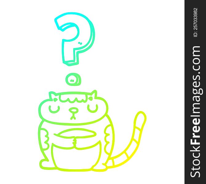 cold gradient line drawing of a cartoon cat with question mark